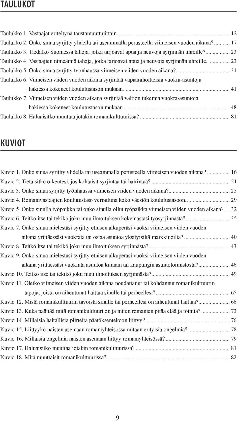 Onko sinua syrjitty työnhaussa viimeisen viiden vuoden aikana?... 31 Taulukko 6. Viimeisen viiden vuoden aikana syrjintää vapaarahoitteisia vuokra-asuntoja hakiessa kokeneet koulutustason mukaan.