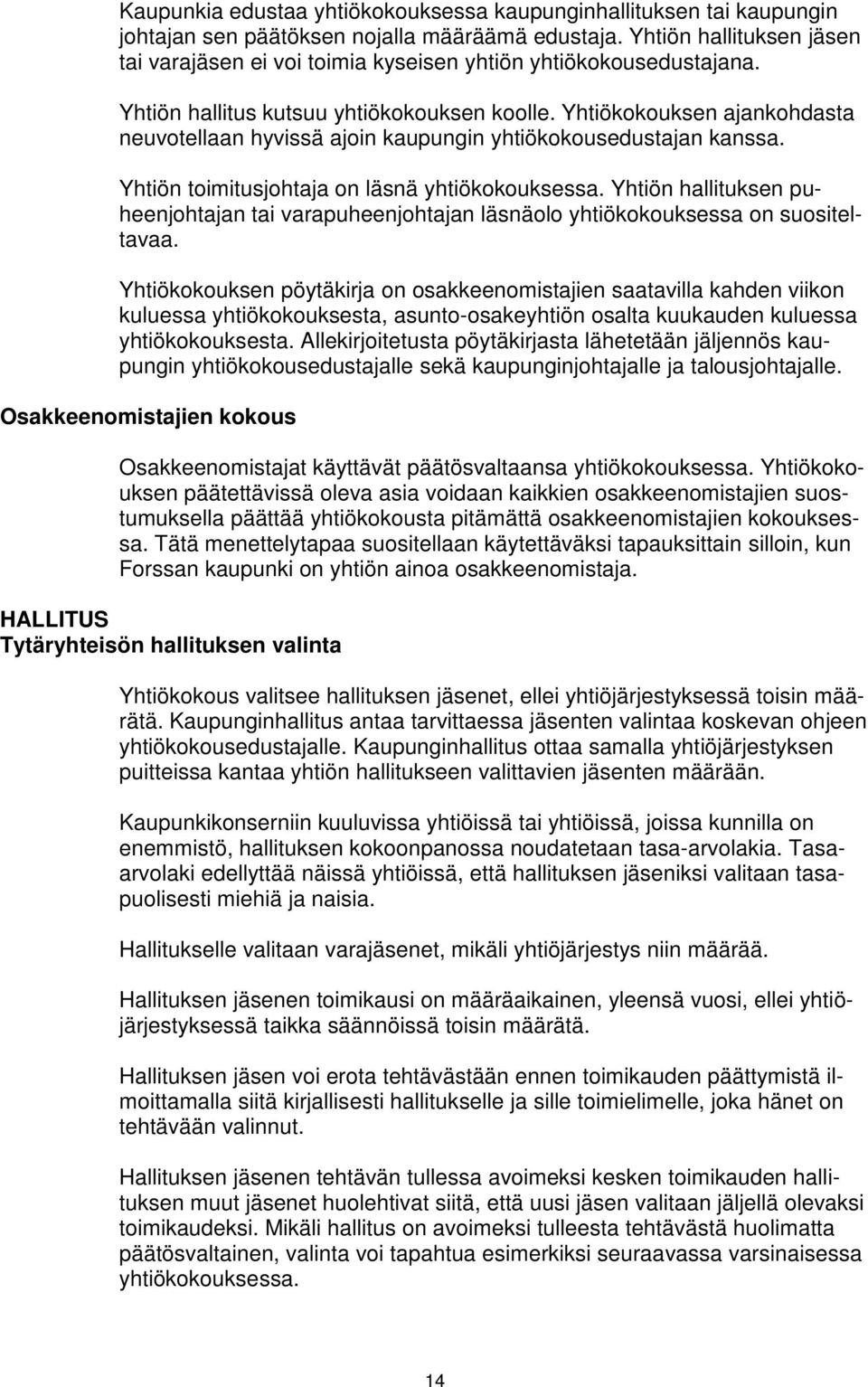 Yhtiökokouksen ajankohdasta neuvotellaan hyvissä ajoin kaupungin yhtiökokousedustajan kanssa. Yhtiön toimitusjohtaja on läsnä yhtiökokouksessa.