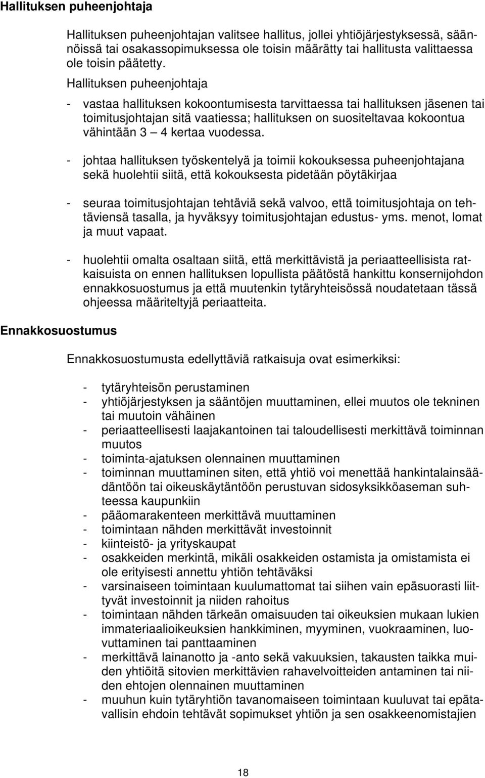 Hallituksen puheenjohtaja - vastaa hallituksen kokoontumisesta tarvittaessa tai hallituksen jäsenen tai toimitusjohtajan sitä vaatiessa; hallituksen on suositeltavaa kokoontua vähintään 3 4 kertaa