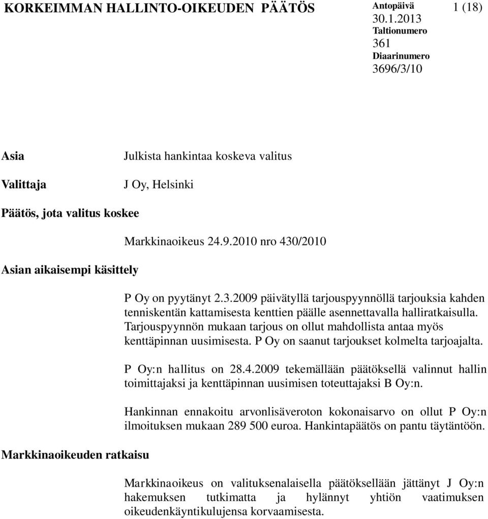 Markkinaoikeus 24.9.2010 nro 430/2010 P Oy on pyytänyt 2.3.2009 päivätyllä tarjouspyynnöllä tarjouksia kahden tenniskentän kattamisesta kenttien päälle asennettavalla halliratkaisulla.