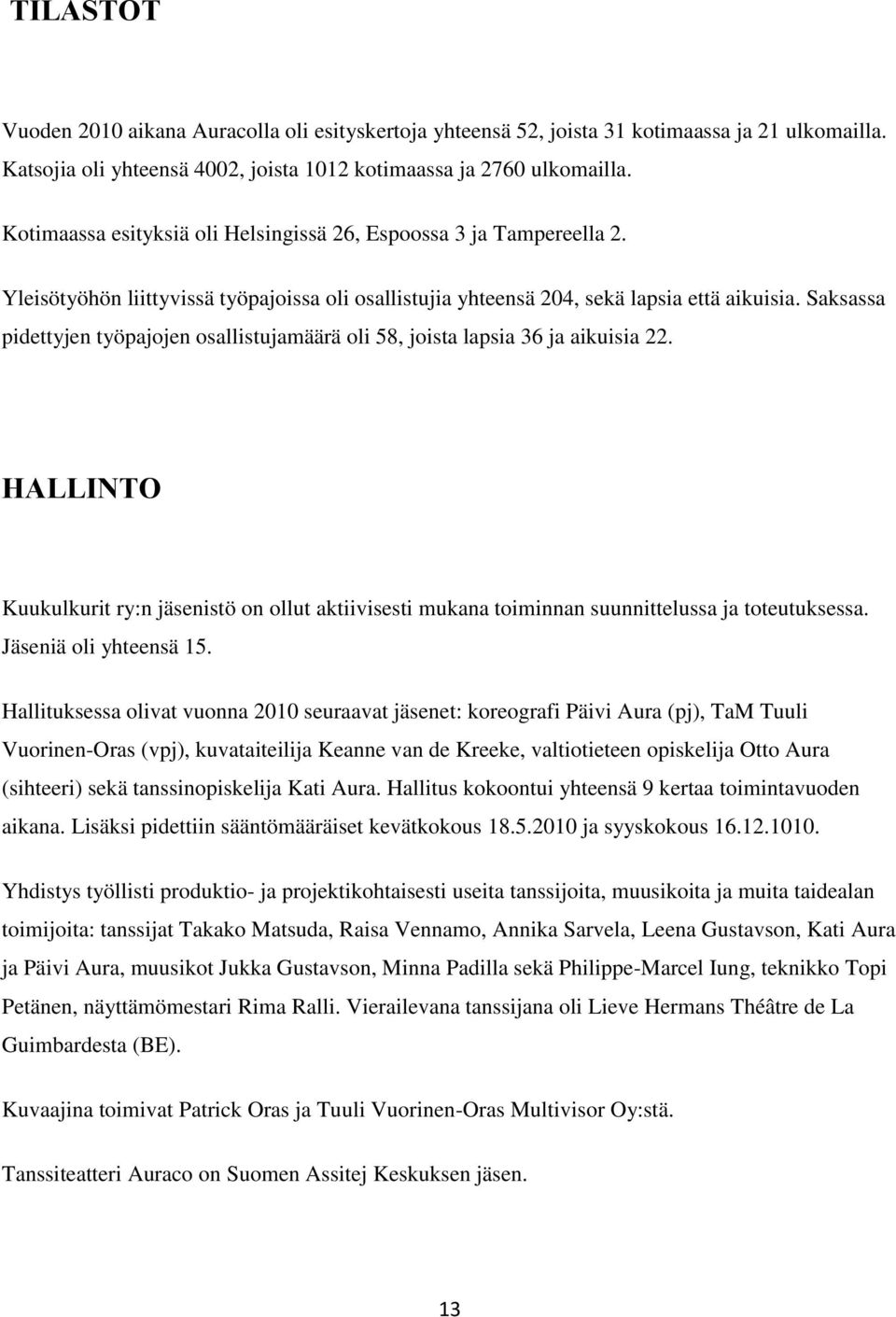 Saksassa pidettyjen työpajojen osallistujamäärä oli 58, joista lapsia 36 ja aikuisia 22. HALLINTO Kuukulkurit ry:n jäsenistö on ollut aktiivisesti mukana toiminnan suunnittelussa ja toteutuksessa.