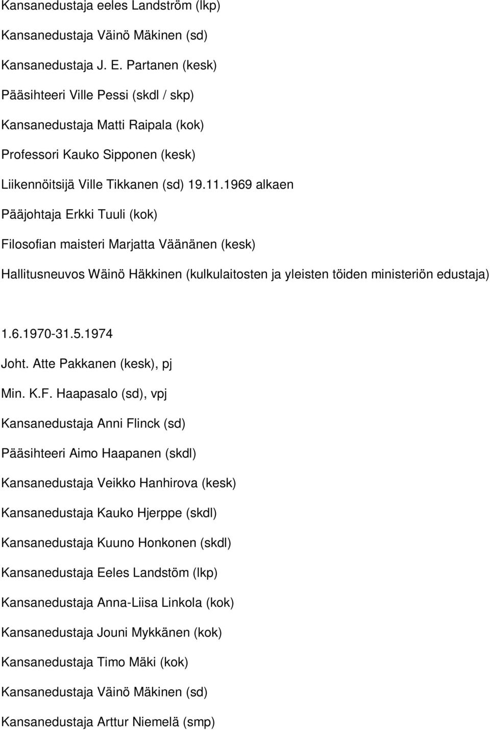 1969 alkaen Pääjohtaja Erkki Tuuli (kok) Filosofian maisteri Marjatta Väänänen (kesk) Hallitusneuvos Wäinö Häkkinen (kulkulaitosten ja yleisten töiden ministeriön edustaja) 1.6.1970-31.5.1974 Joht.