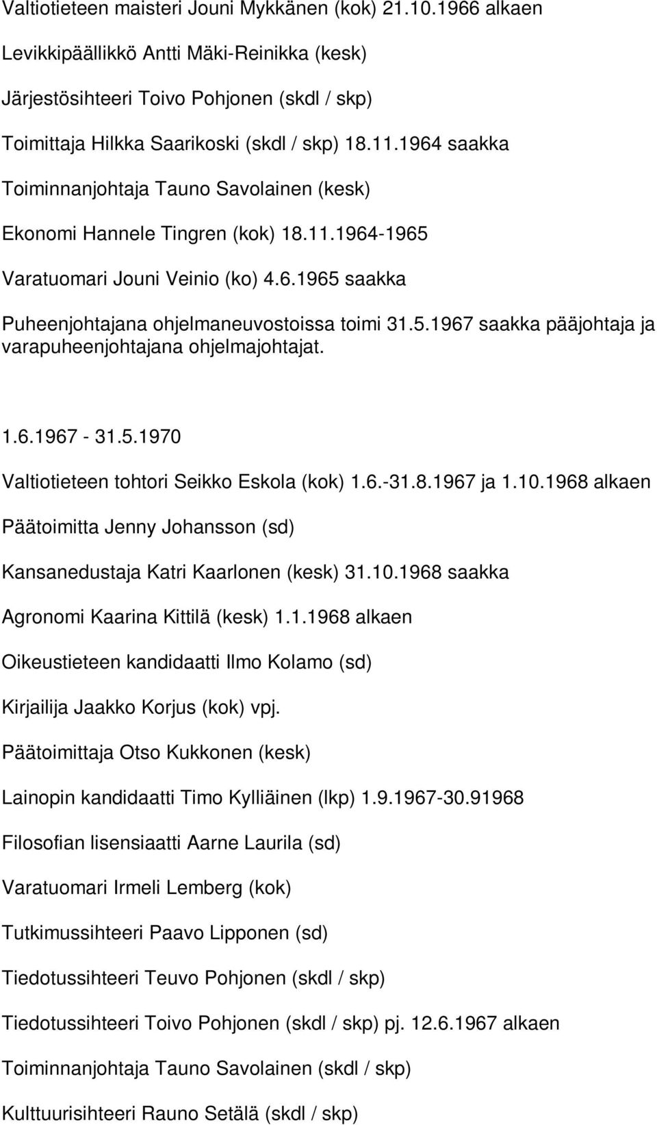 1.6.1967-31.5.1970 Valtiotieteen tohtori Seikko Eskola (kok) 1.6.-31.8.1967 ja 1.10.1968 alkaen Päätoimitta Jenny Johansson (sd) Kansanedustaja Katri Kaarlonen (kesk) 31.10.1968 saakka Agronomi Kaarina Kittilä (kesk) 1.