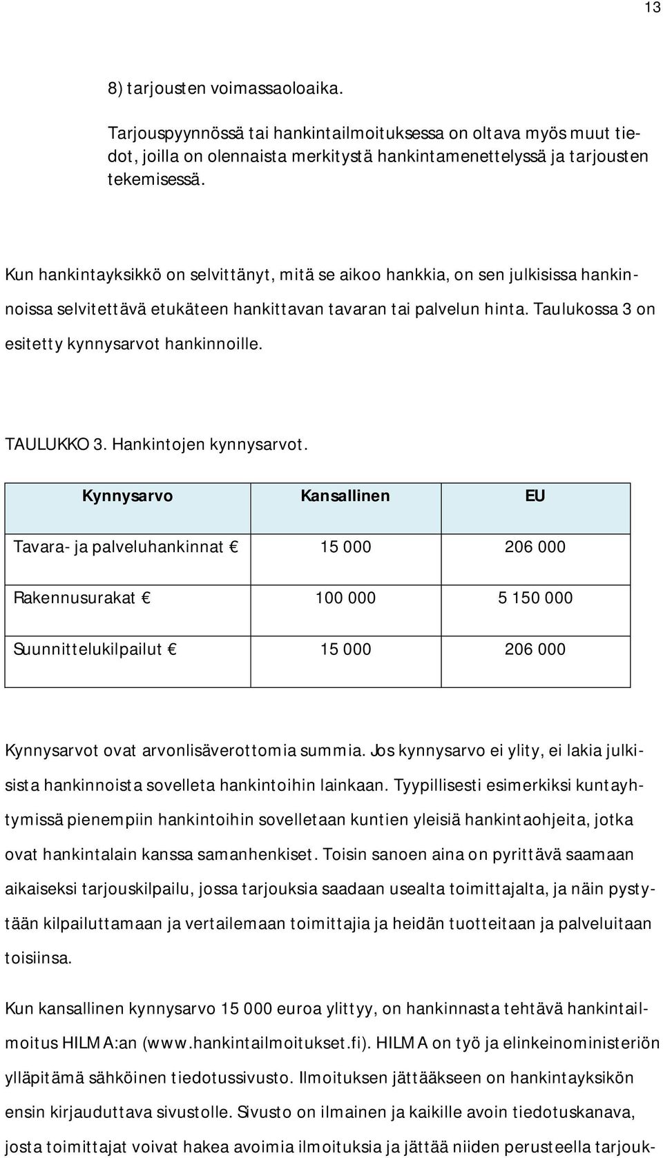 Taulukossa 3 on esitetty kynnysarvot hankinnoille. TAULUKKO 3. Hankintojen kynnysarvot.