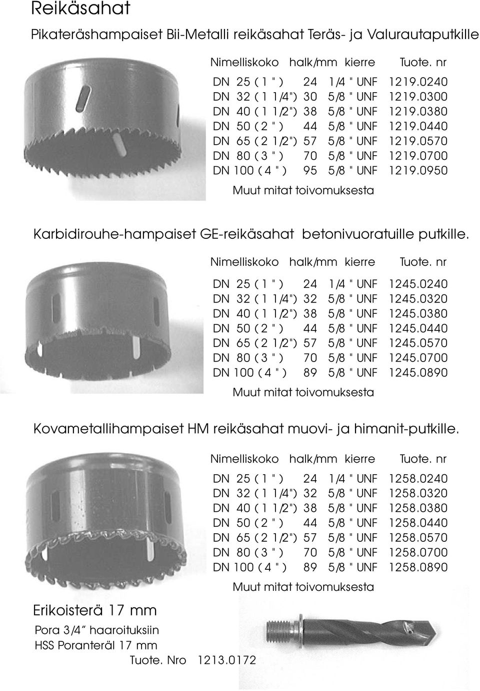 0950 Muut mitat toivomuksesta Karbidirouhe-hampaiset GE-reikäsahat betonivuoratuille putkille. Nimelliskoko halk/mm kierre Nimelliskoko halk/mm kierre Tuote. nr DN 25 ( 1 " ) 24 1/4 " UNF 1245.