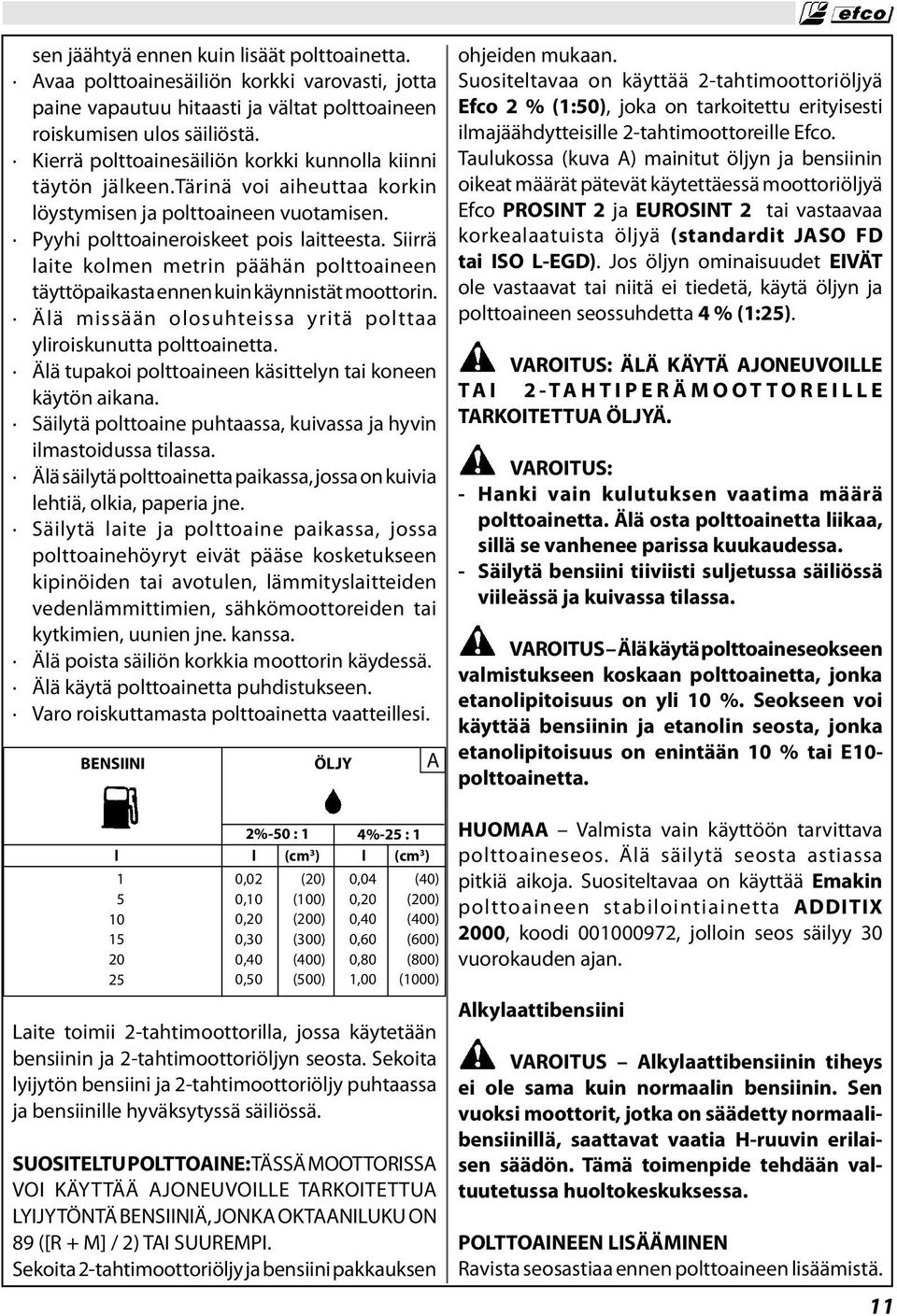 Siirrä laite kolmen metrin päähän polttoaineen täyttöpaikasta ennen kuin käynnistät moottorin. Älä missään olosuhteissa yritä polttaa yliroiskunutta polttoainetta.