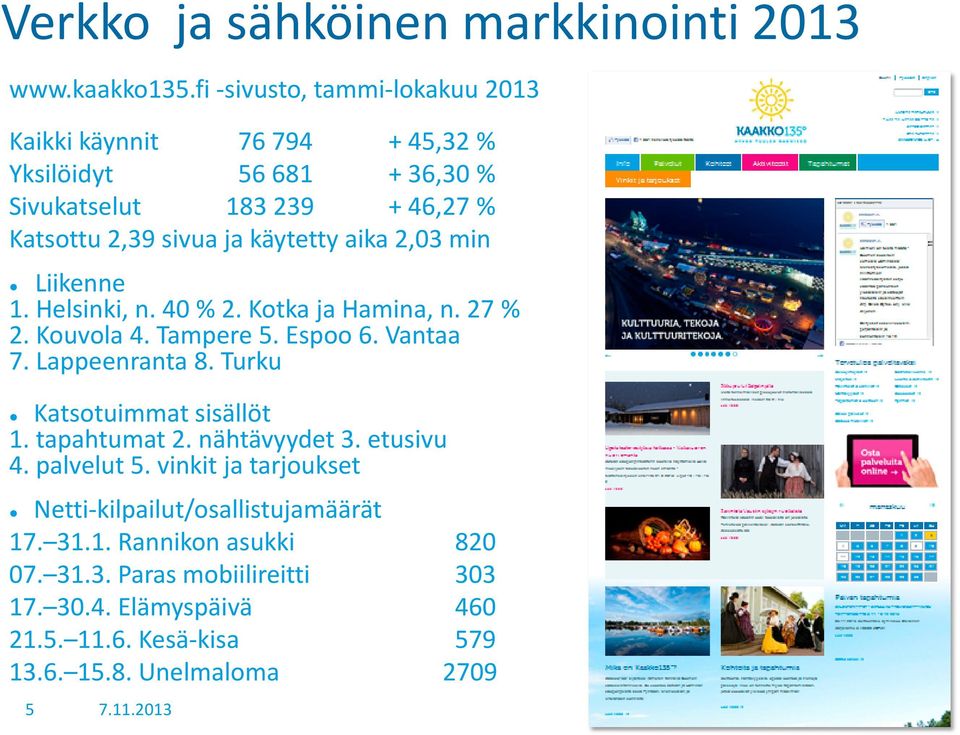 aika 2,03 min Liikenne 1. Helsinki, n. 40 % 2. Kotka ja Hamina, n. 27 % 2. Kouvola 4. Tampere 5. Espoo 6. Vantaa 7. Lappeenranta 8.