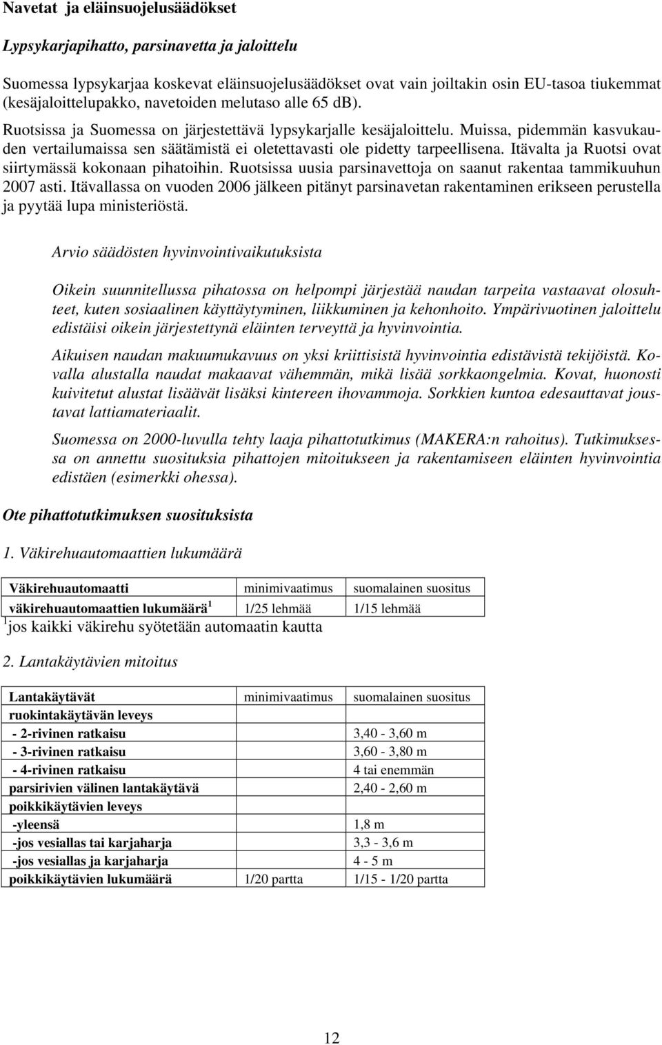 Muissa, pidemmän kasvukauden vertailumaissa sen säätämistä ei oletettavasti ole pidetty tarpeellisena. Itävalta ja Ruotsi ovat siirtymässä kokonaan pihatoihin.