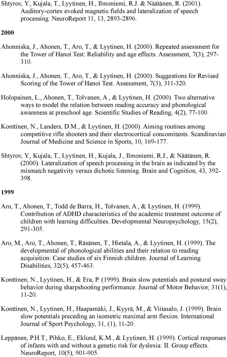 Assessment, 7(3), 311-320. Holopainen, L., Ahonen, T., Tolvanen, A., & Lyytinen, H. (2000).