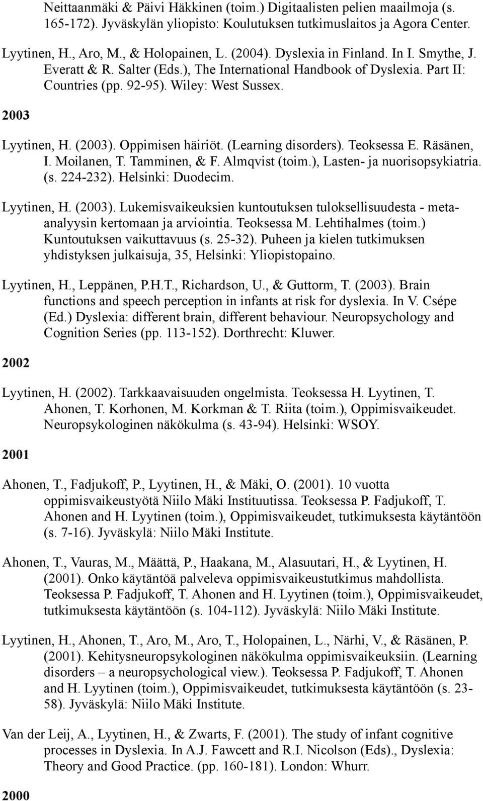 Oppimisen häiriöt. (Learning disorders). Teoksessa E. Räsänen, I. Moilanen, T. Tamminen, & F. Almqvist (toim.), Lasten- ja nuorisopsykiatria. (s. 224-232). Helsinki: Duodecim. Lyytinen, H. (2003).