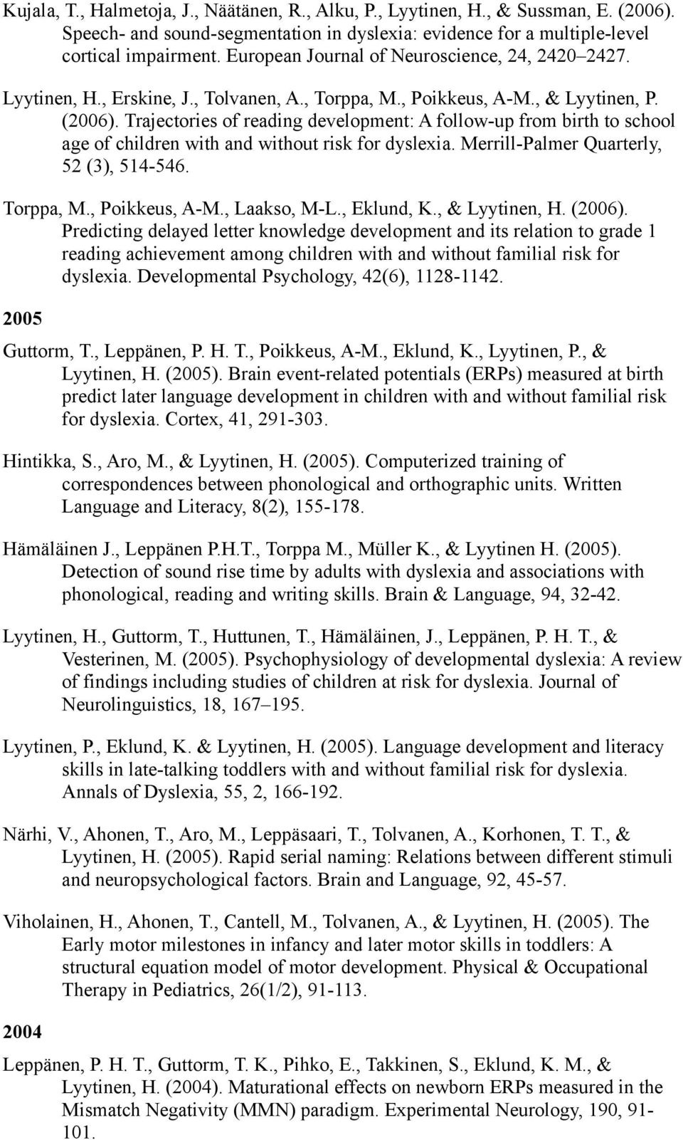 Trajectories of reading development: A follow-up from birth to school age of children with and without risk for dyslexia. Merrill-Palmer Quarterly, 52 (3), 514-546. Torppa, M., Poikkeus, A-M.