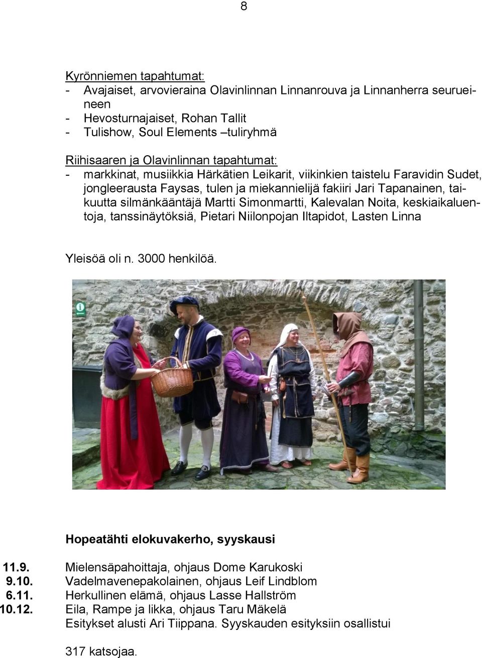Martti Simonmartti, Kalevalan Noita, keskiaikaluentoja, tanssinäytöksiä, Pietari Niilonpojan Iltapidot, Lasten Linna Yleisöä oli n. 3000 henkilöä. Hopeatähti elokuvakerho, syyskausi 11.9.