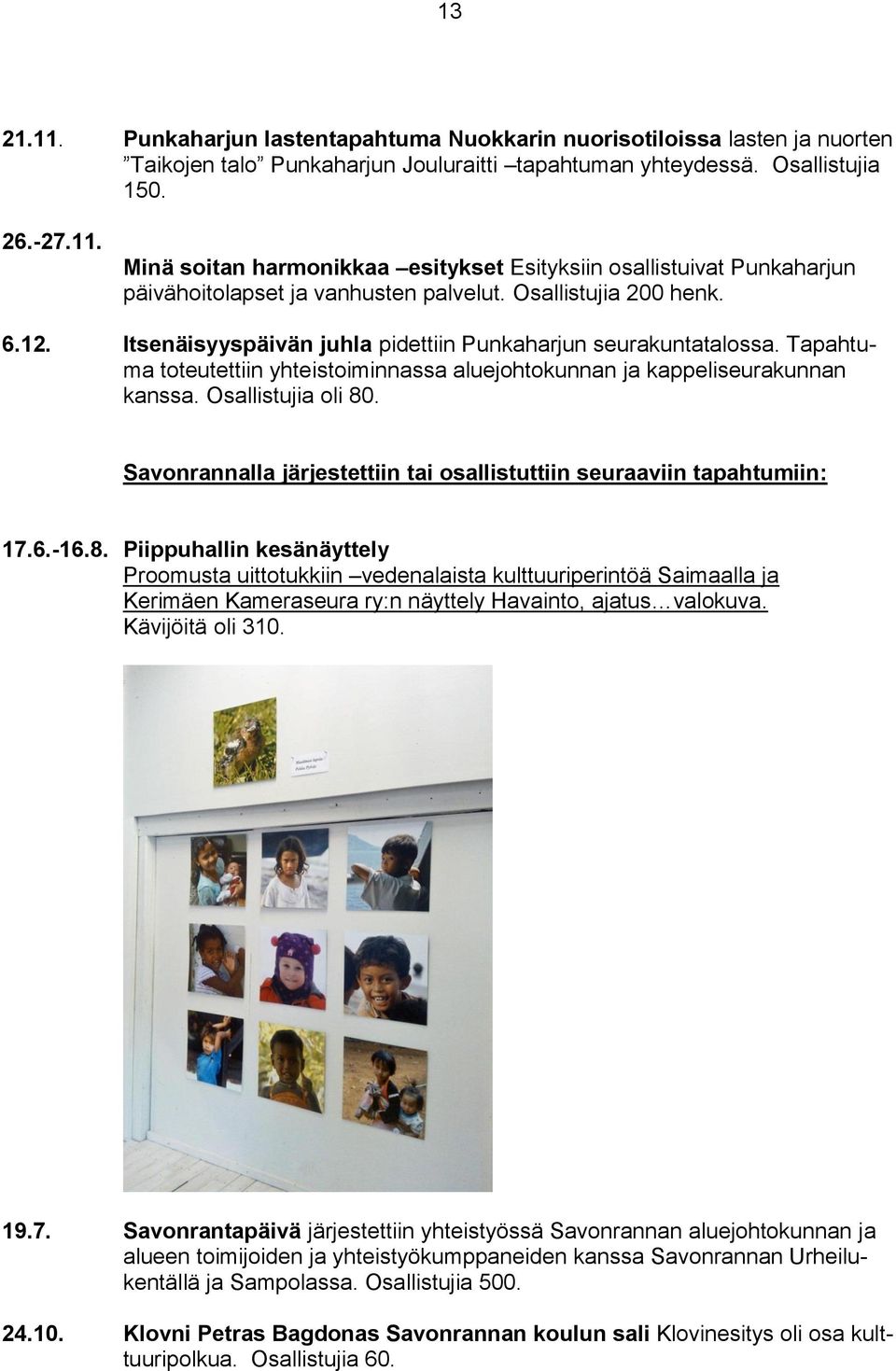 Osallistujia oli 80. Savonrannalla järjestettiin tai osallistuttiin seuraaviin tapahtumiin: 17.6.-16.8. Piippuhallin kesänäyttely Proomusta uittotukkiin vedenalaista kulttuuriperintöä Saimaalla ja Kerimäen Kameraseura ry:n näyttely Havainto, ajatus valokuva.