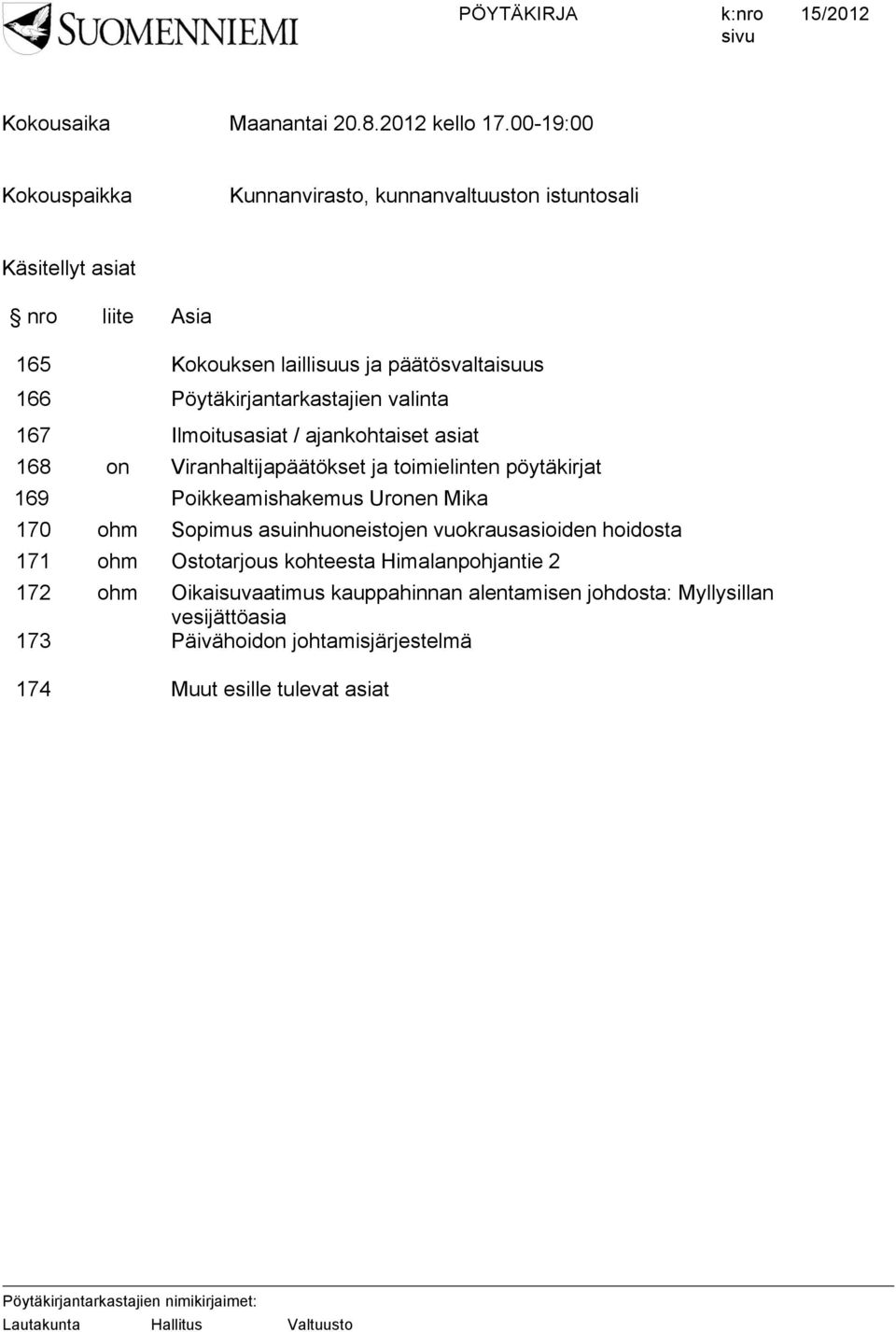 Pöytäkirjantarkastajien valinta 167 Ilmoitusasiat / ajankohtaiset asiat 168 on Viranhaltijapäätökset ja toimielinten pöytäkirjat 169 Poikkeamishakemus