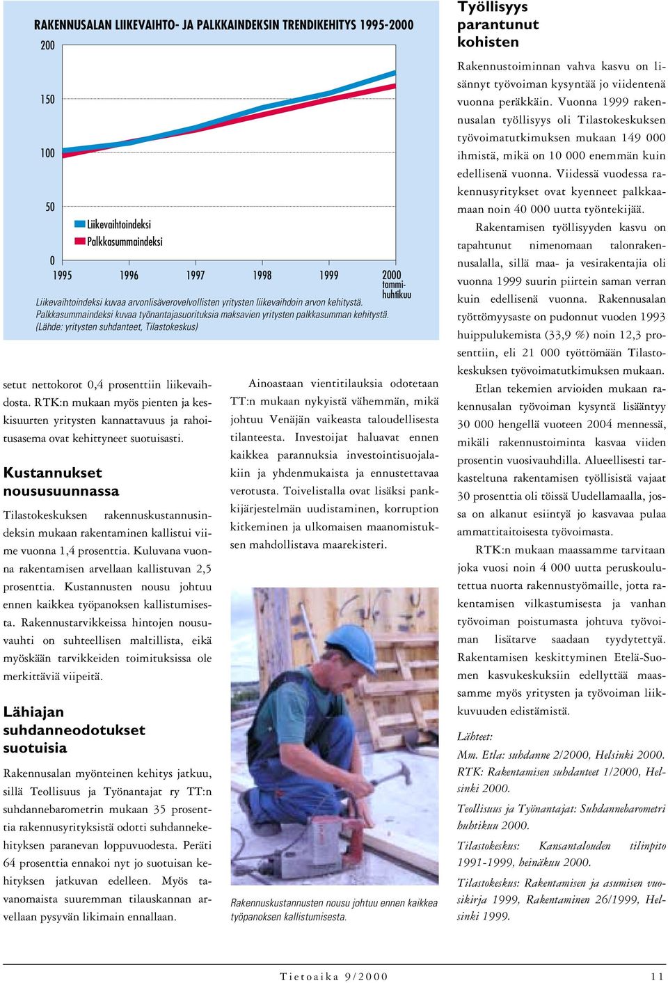 Kustannukset noususuunnassa Palkkasummaindeksi 0 1995 1996 1997 1998 1999 Liikevaihtoindeksi kuvaa arvonlisäverovelvollisten yritysten liikevaihdoin arvon kehitystä.