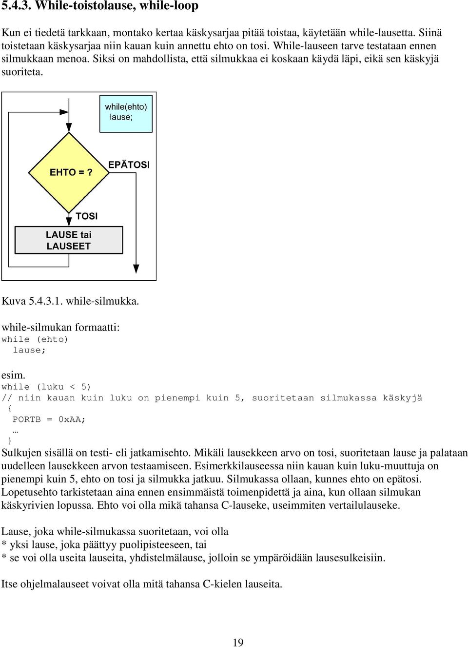 while-silmukan formaatti: while (ehto) lause; esim.