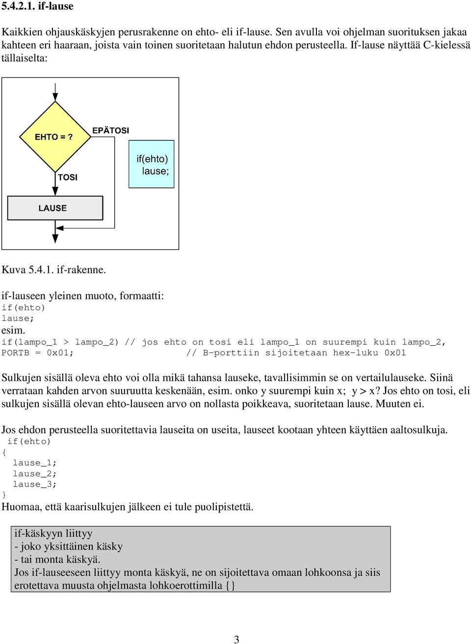 if(lampo_1 > lampo_2) // jos ehto on tosi eli lampo_1 on suurempi kuin lampo_2, PORTB = 0x01; // B-porttiin sijoitetaan hex-luku 0x01 Sulkujen sisällä oleva ehto voi olla mikä tahansa lauseke,