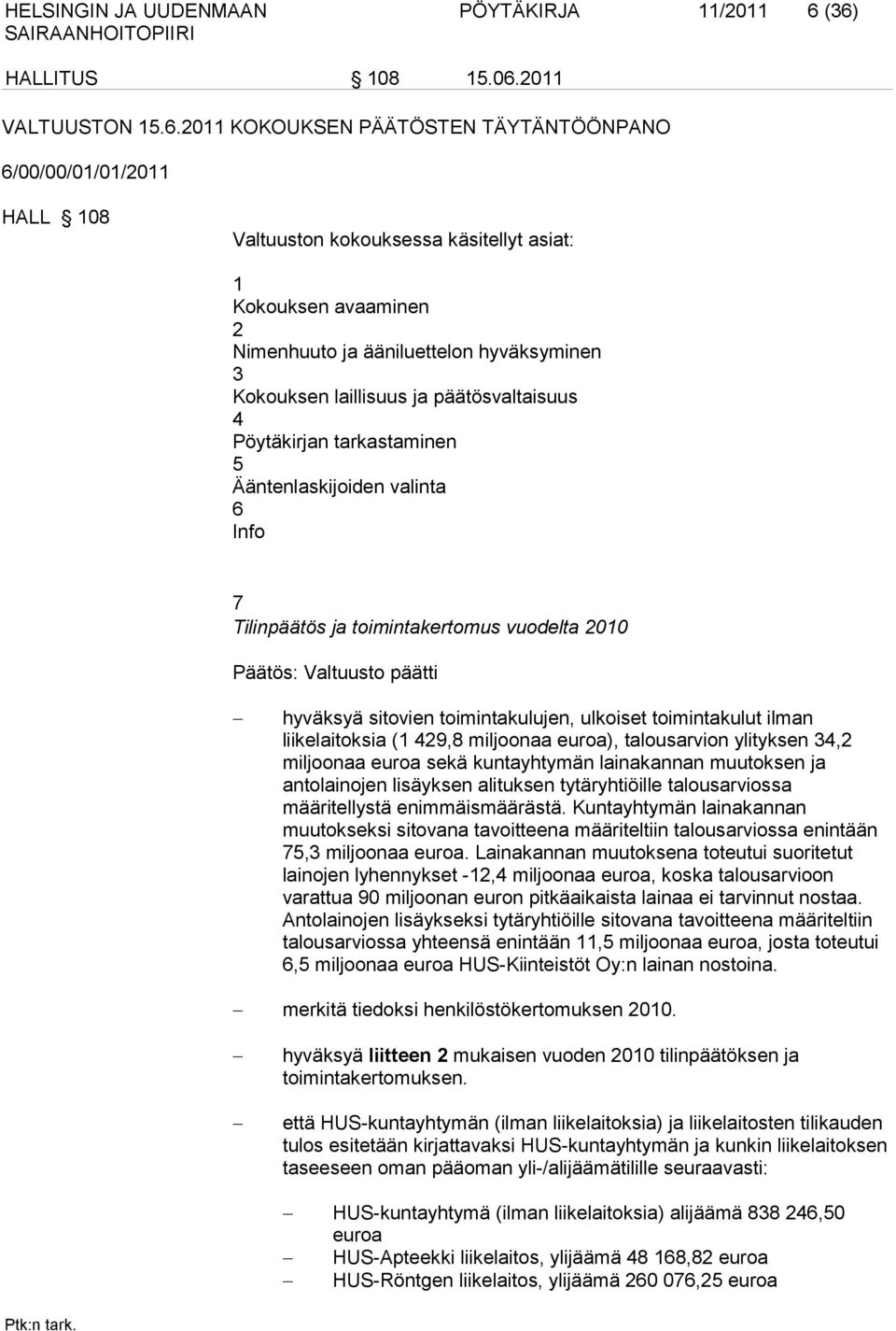 ääniluettelon hyväksyminen 3 Kokouksen laillisuus ja päätösvaltaisuus 4 Pöytäkirjan tarkastaminen 5 Ääntenlaskijoiden valinta 6 Info 7 Tilinpäätös ja toimintakertomus vuodelta 2010 Päätös: Valtuusto