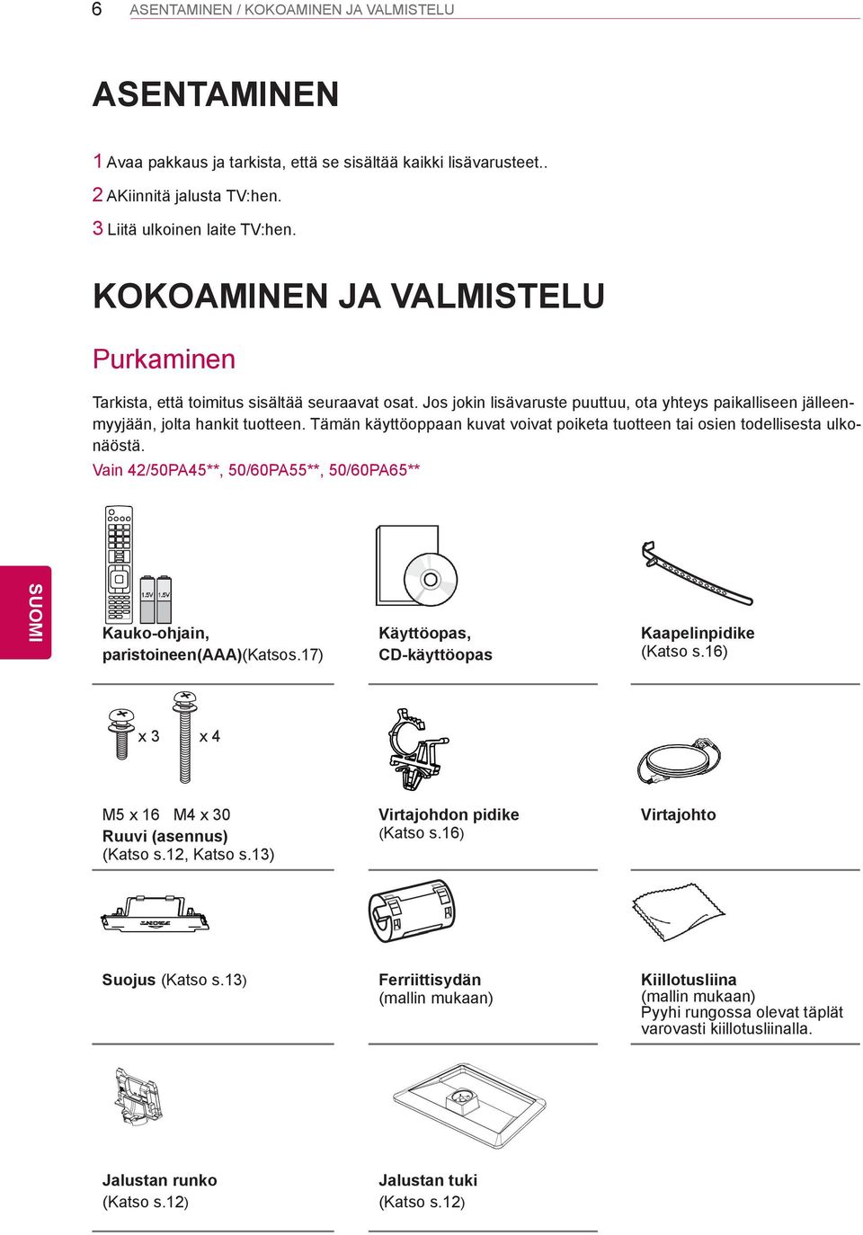 Tämän käyttöoppaan kuvat voivat poiketa tuotteen tai osien todellisesta ulkonäöstä. Vain 42/50PA45**, 50/60PA55**, 50/60PA65** Kauko-ohjain, paristoineen (AAA)(Katso s.