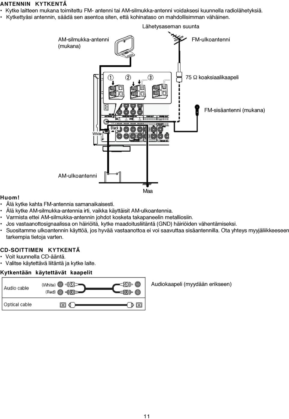 koaksiaalikaapeli FM-sisäantenni (mukana) AM-ulkoantenni Maa Älä kytke kahta FM-antennia samanaikaisesti. Älä kytke AM-silmukka-antennia irti, vaikka käyttäisit AM-ulkoantennia.