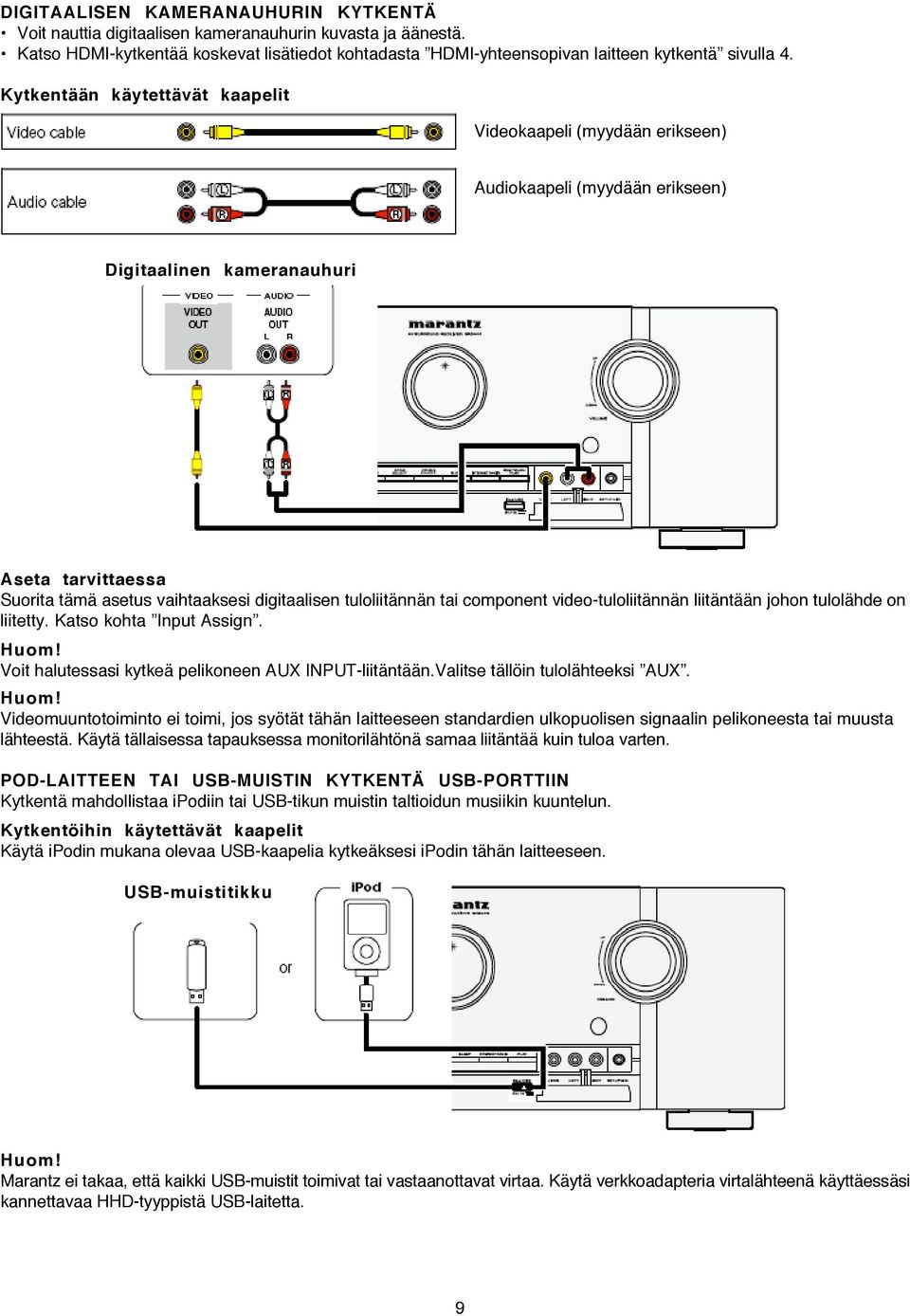 tuloliitännän tai component video-tuloliitännän liitäntään johon tulolähde on liitetty. Katso kohta Input Assign. Voit halutessasi kytkeä pelikoneen AUX INPUT-liitäntään.