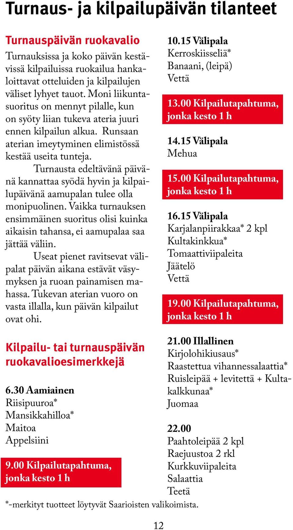 Turnausta edeltävänä päivänä kannattaa syödä hyvin ja kilpailupäivänä aamupalan tulee olla monipuolinen.