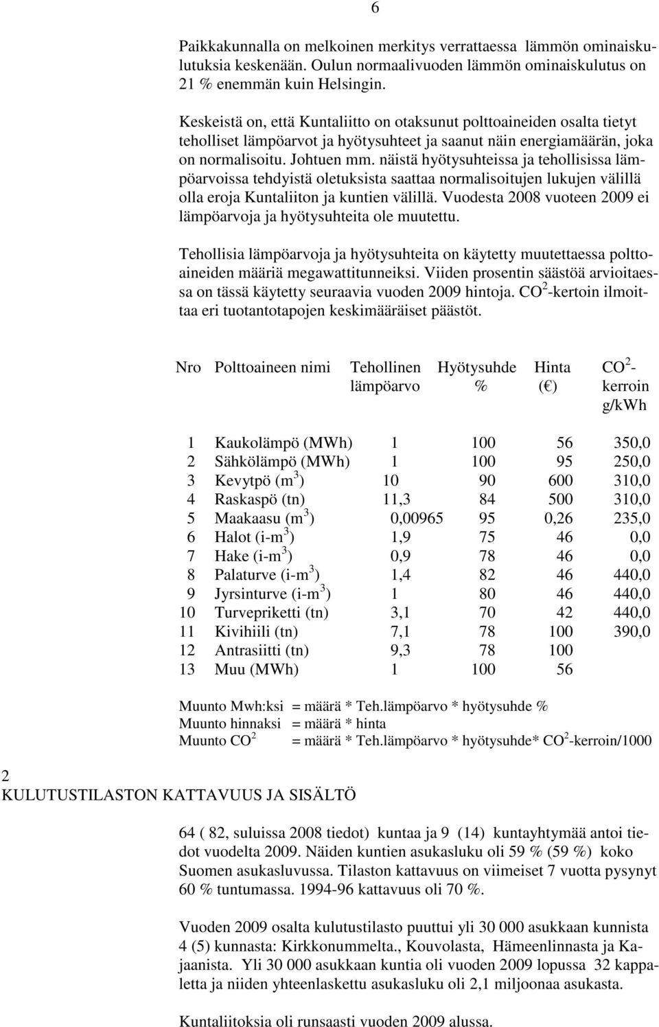 näistä hyötysuhteissa ja tehollisissa lämpöarvoissa tehdyistä oletuksista saattaa normalisoitujen lukujen välillä olla eroja Kuntaliiton ja kuntien välillä.