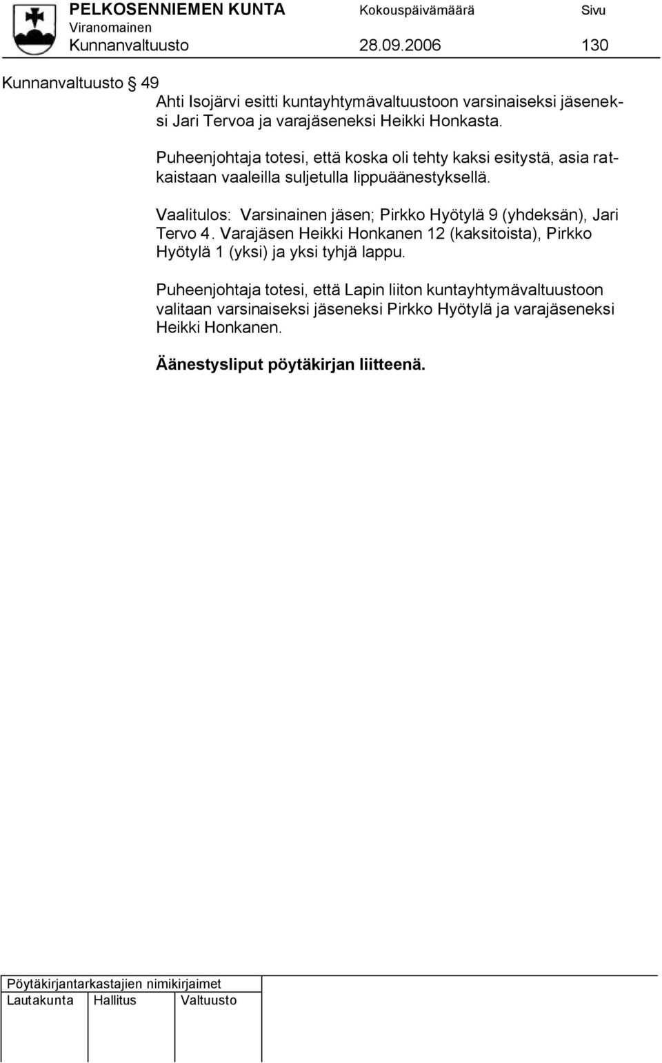 Puheenjohtaja totesi, että koska oli tehty kaksi esitystä, asia ratkaistaan vaaleilla suljetulla lippuäänestyksellä.