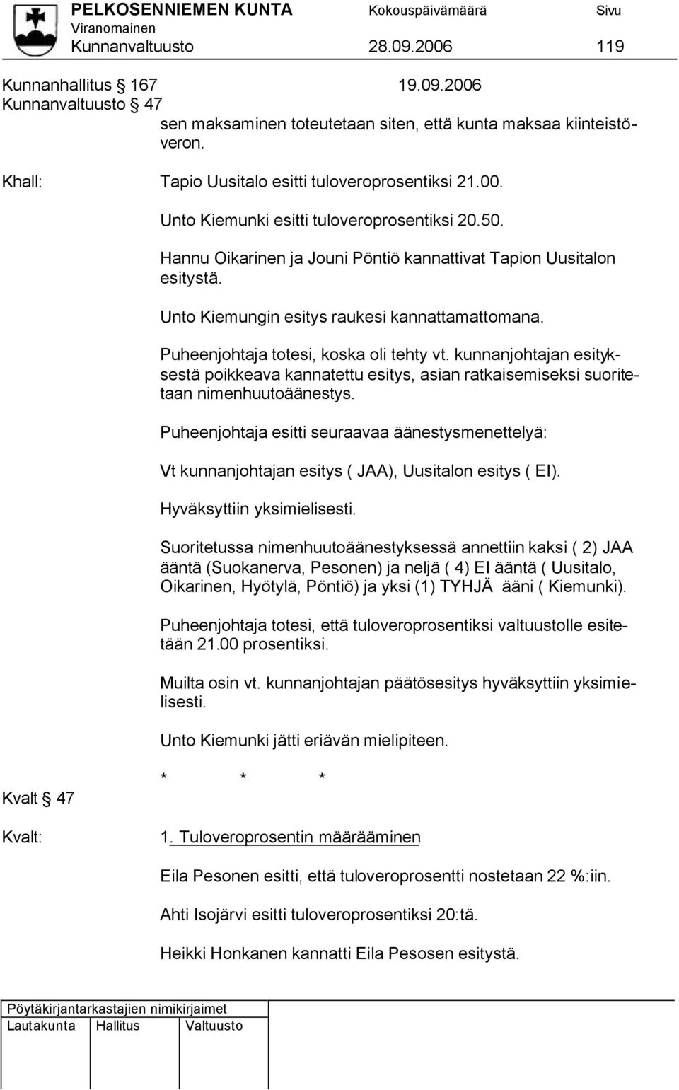 Unto Kiemungin esitys raukesi kannattamattomana. Puheenjohtaja totesi, koska oli tehty vt. kunnanjohtajan esityksestä poikkeava kannatettu esitys, asian ratkaisemiseksi suoritetaan nimenhuutoäänestys.