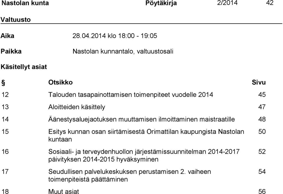 2014 45 13 Aloitteiden käsittely 47 14 Äänestysaluejaotuksen muuttamisen ilmoittaminen maistraatille 48 15 Esitys kunnan osan siirtämisestä