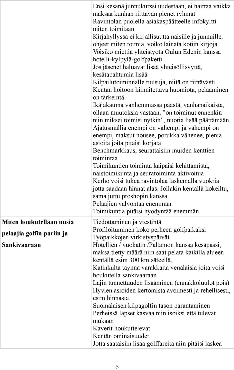 lisää Kilpailutoiminnalle ruusuja, niitä on riittävästi Kentän hoitoon kiinnitettävä huomiota, pelaaminen on tärkeintä Ikäjakauma vanhemmassa päästä, vanhanaikaista, ollaan muutoksia vastaan, on