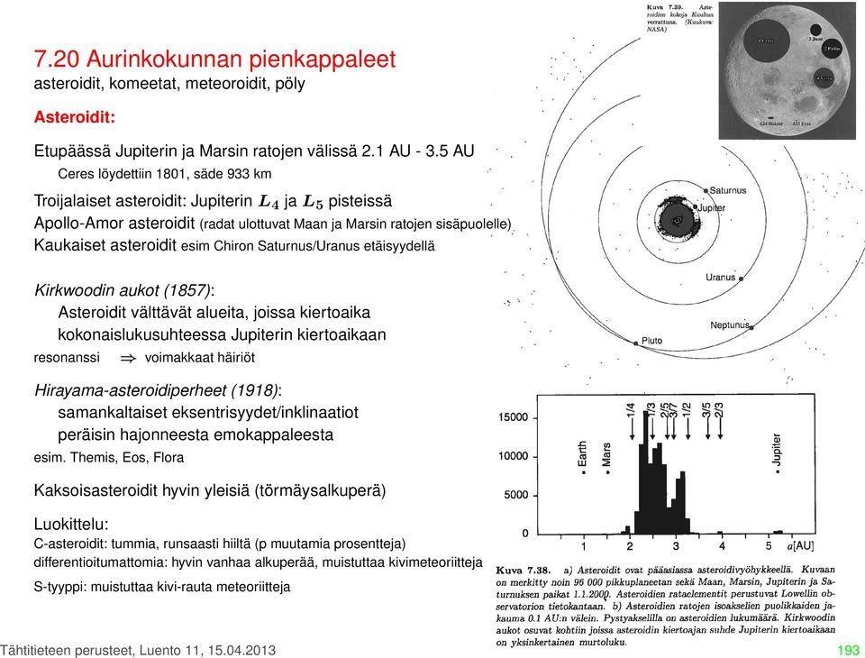 Chiron Saturnus/Uranus etäisyydellä Kirkwoodin aukot (1857): Asteroidit välttävät alueita, joissa kiertoaika kokonaislukusuhteessa Jupiterin kiertoaikaan resonanssi voimakkaat häiriöt