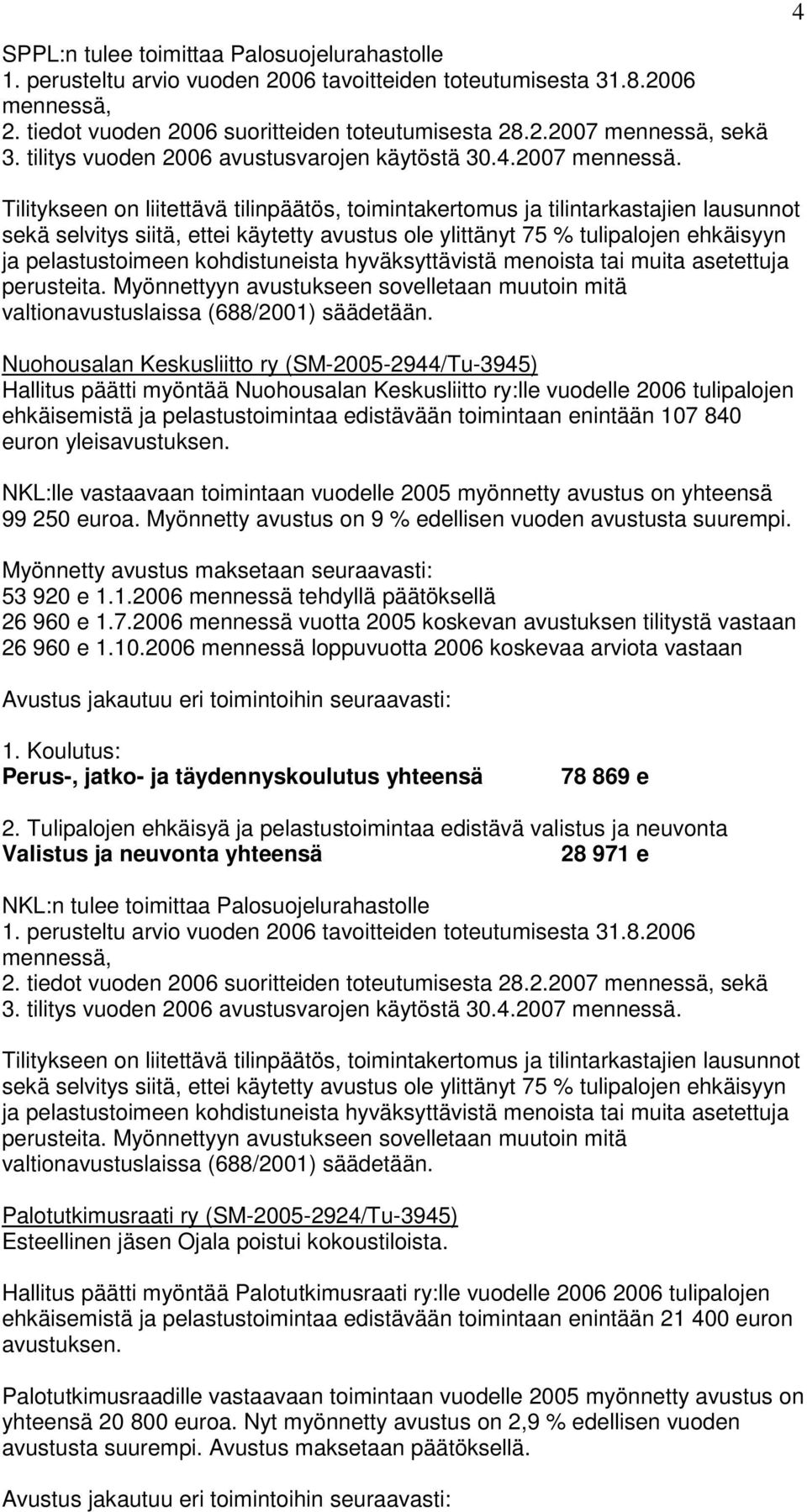 Tilitykseen on liitettävä tilinpäätös, toimintakertomus ja tilintarkastajien lausunnot sekä selvitys siitä, ettei käytetty avustus ole ylittänyt 75 % tulipalojen ehkäisyyn ja pelastustoimeen