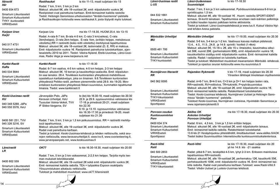 Rastipisteet ovat painettuina karttaan. Emit-leimasimet kaikilla rasteilla Tiedot: Helsingin Sanomissa urheiluosaston "tänään-huomenna"-palstalla ja Rastihaukkojen kotisivulta www.rastihaukat.