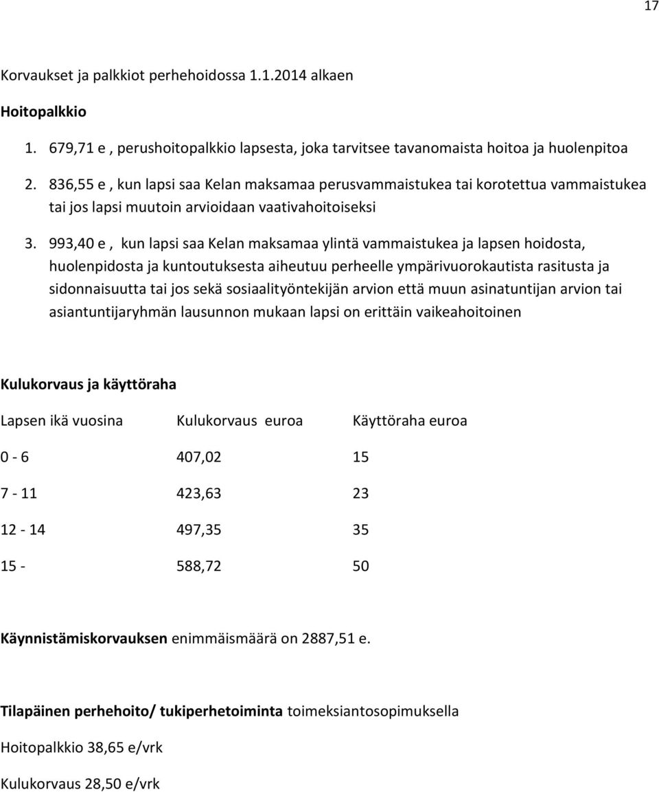 993,40 e, kun lapsi saa Kelan maksamaa ylintä vammaistukea ja lapsen hoidosta, huolenpidosta ja kuntoutuksesta aiheutuu perheelle ympärivuorokautista rasitusta ja sidonnaisuutta tai jos sekä