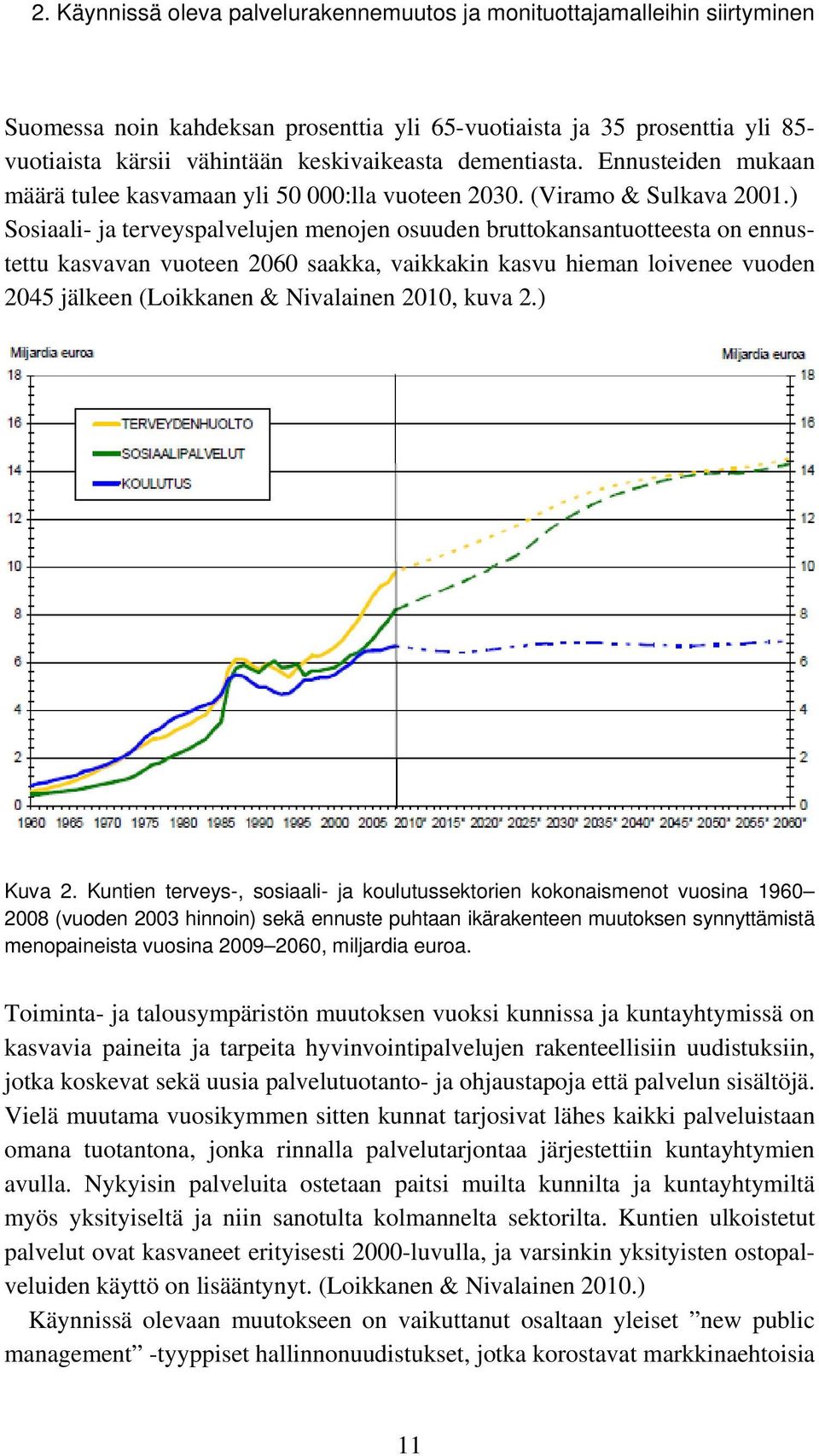 ) Sosiaali- ja terveyspalvelujen menojen osuuden bruttokansantuotteesta on ennustettu kasvavan vuoteen 2060 saakka, vaikkakin kasvu hieman loivenee vuoden 2045 jälkeen (Loikkanen & Nivalainen 2010,