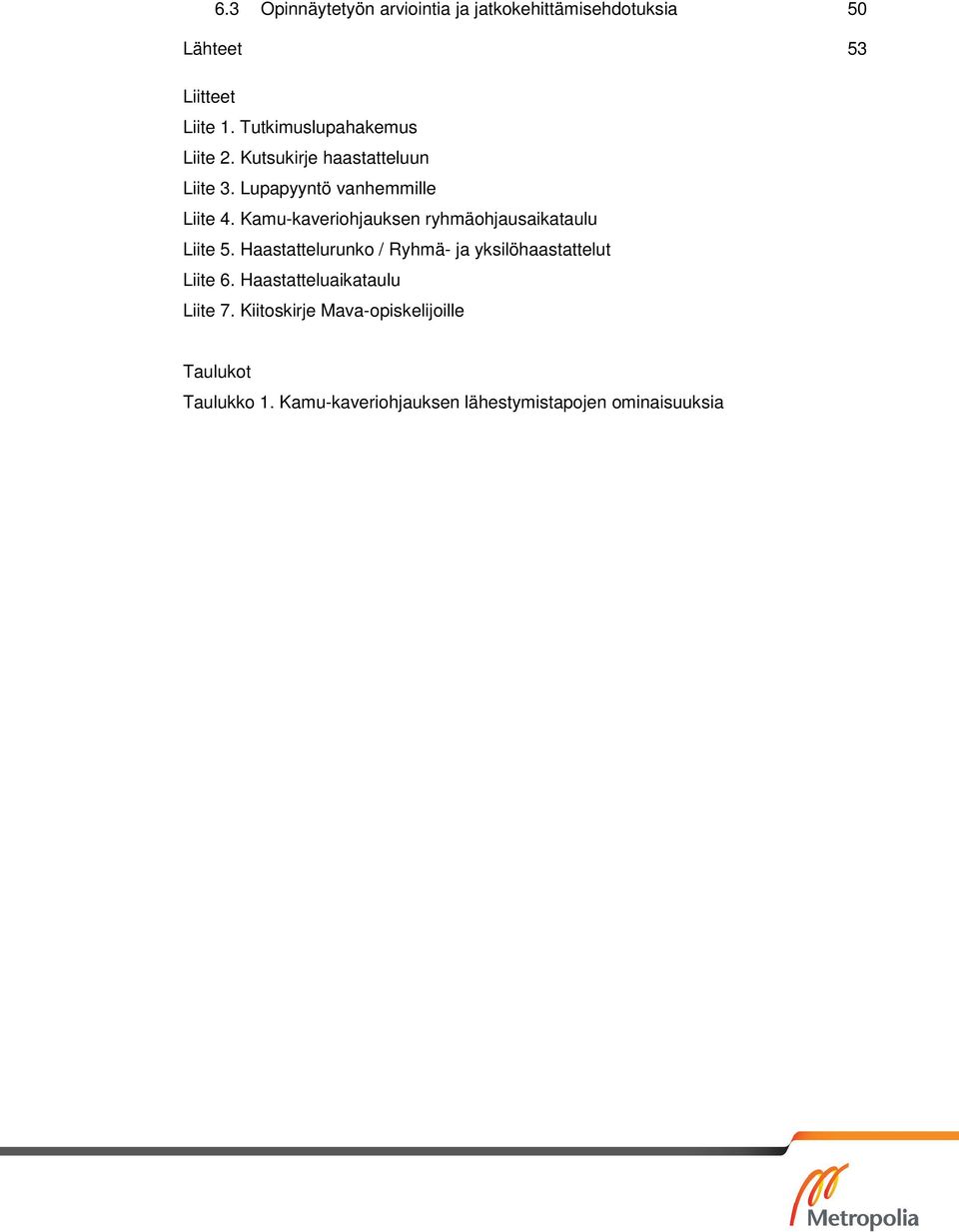 Kamu-kaveriohjauksen ryhmäohjausaikataulu Liite 5. Haastattelurunko / Ryhmä- ja yksilöhaastattelut Liite 6.