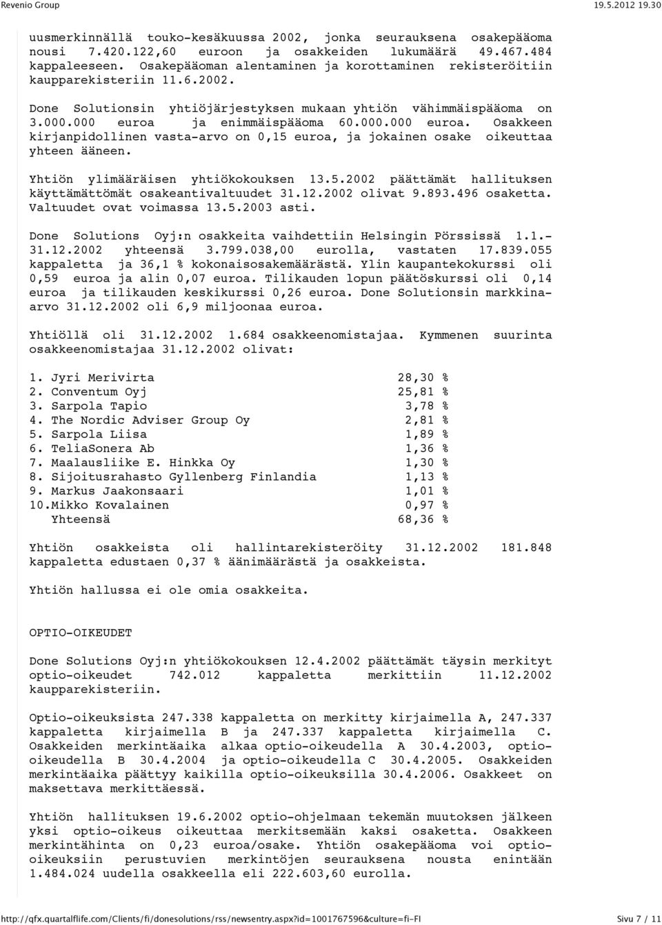 ja enimmäispääoma 60.000.000 euroa. Osakkeen kirjanpidollinen vasta-arvo on 0,15 euroa, ja jokainen osake oikeuttaa yhteen ääneen. Yhtiön ylimääräisen yhtiökokouksen 13.5.2002 päättämät hallituksen käyttämättömät osakeantivaltuudet 31.