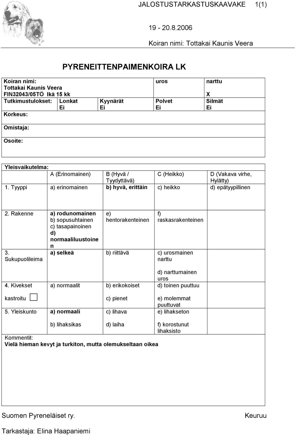 Sukupuolileima e) hentorakenteinen f) raskasrakenteinen a) selkeä b) riittävä c) urosmainen narttu 4. Kivekset a) normaalit b) erikokoiset d) narttumainen uros d) toinen puuttuu kastroitu 5.