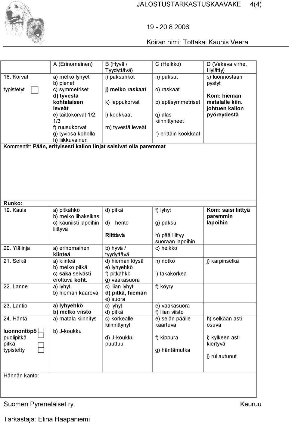 kookkaat q) alas 1/3 kiinnittyneet f) ruusukorvat m) tyvestä leveät g) tyviosa koholla r) erittäin kookkaat h) liikkuvainen Kommentit: Pään, erityisesti kallon linjat saisivat olla paremmat s)