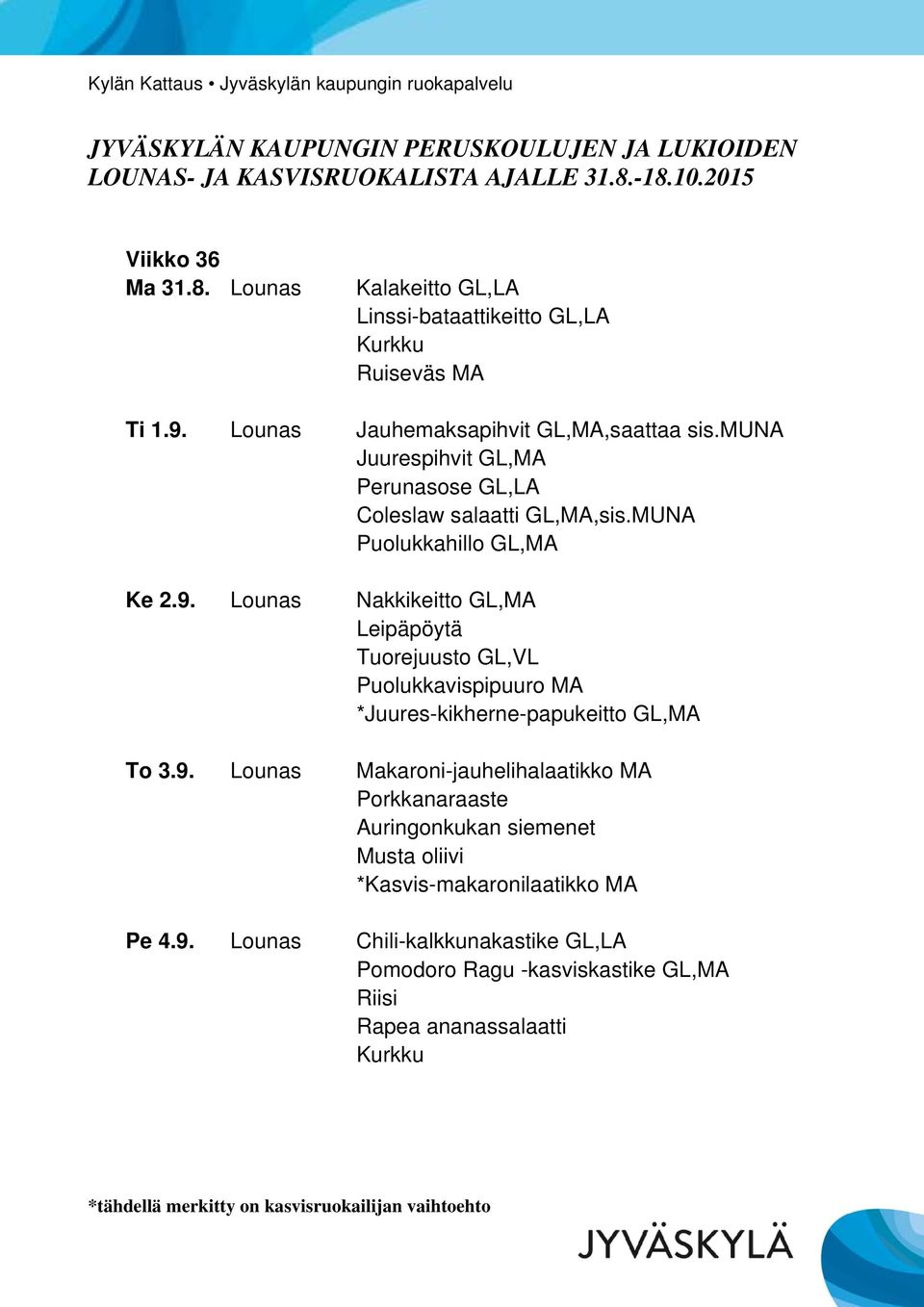 Lounas Nakkikeitto GL,MA Tuorejuusto GL,VL Puolukkavispipuuro MA *Juures-kikherne-papukeitto GL,MA To 3.9.