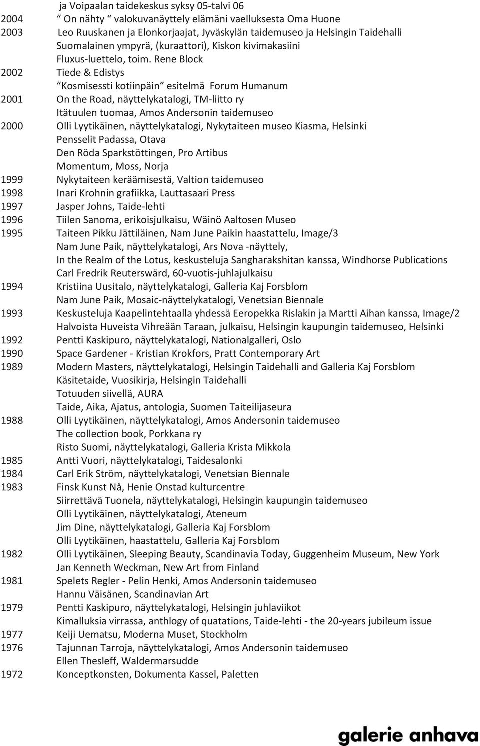 Rene Block 2002 Tiede & Edistys Kosmisessti kotiinpäin esitelmä Forum Humanum 2001 On the Road, näyttelykatalogi, TM-liitto ry Itätuulen tuomaa, Amos Andersonin taidemuseo 2000 Olli Lyytikäinen,