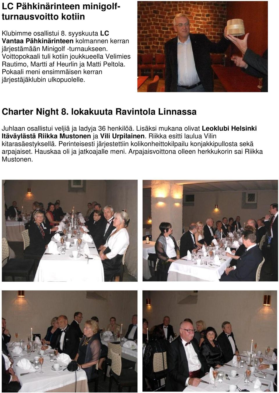 lokakuuta Ravintola Linnassa Juhlaan osallistui veljiä ja ladyja 36 henkilöä. Lisäksi mukana olivat Leoklubi Helsinki Itäväylästä Riikka Mustonen ja Vili Urpilainen.