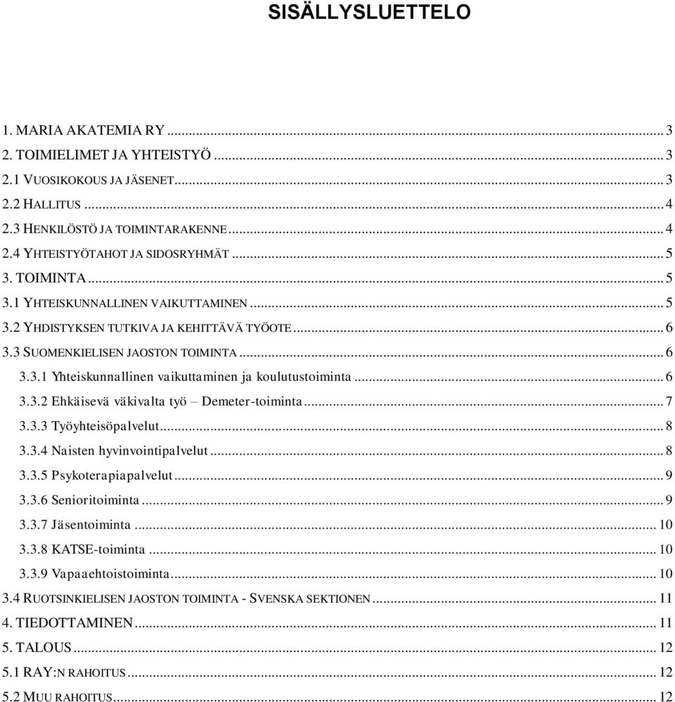 .. 6 3.3.2 Ehkäisevä väkivalta työ Demeter-toiminta... 7 3.3.3 Työyhteisöpalvelut... 8 3.3.4 Naisten hyvinvointipalvelut... 8 3.3.5 Psykoterapiapalvelut... 9 3.3.6 Senioritoiminta... 9 3.3.7 Jäsentoiminta.