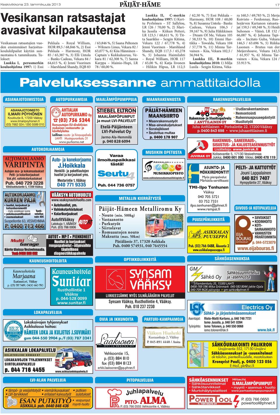 Tulokset: Luokka I, perusmerkin kouluohjelma 1997: 1) Essi Pekkala Royal William, HOR 89,5 / 68,846 %, 2) Essi Pekkala Harmony, HOR 85 / 65,387 %, 3) Elli Untola Banks Cadeau, Vekara 84 / 64,615 %,