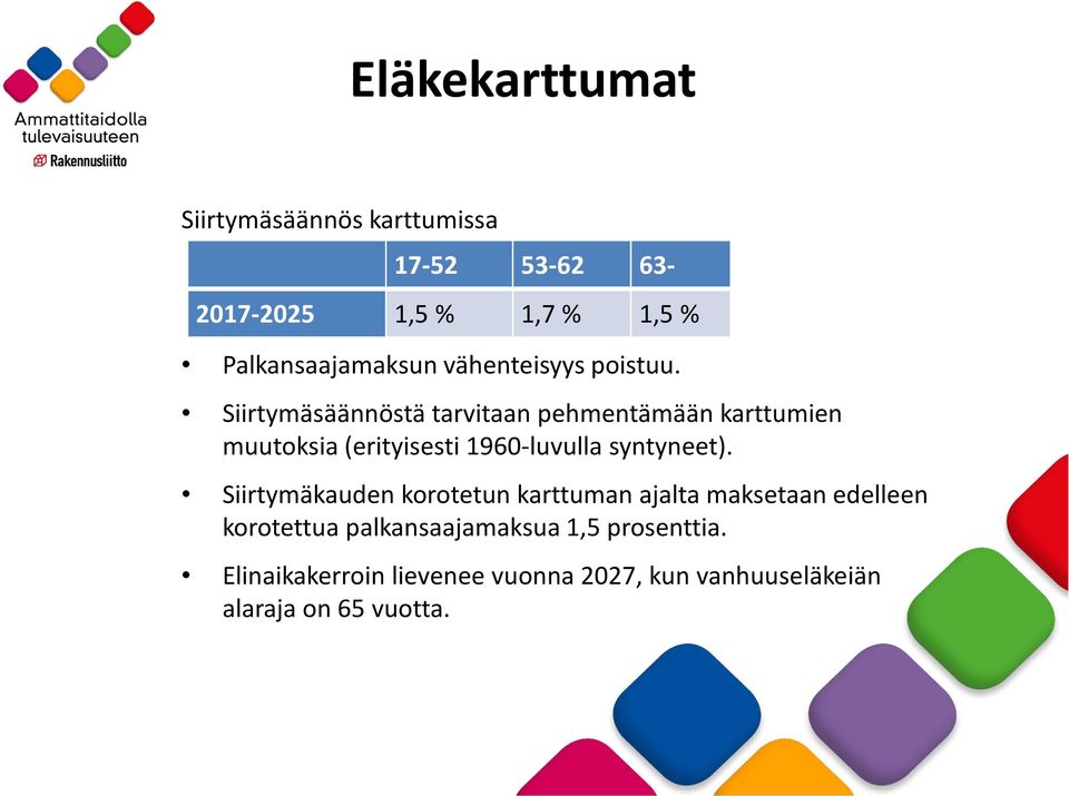 Siirtymäsäännöstä tarvitaan pehmentämään karttumien muutoksia (erityisesti 1960-luvulla syntyneet).