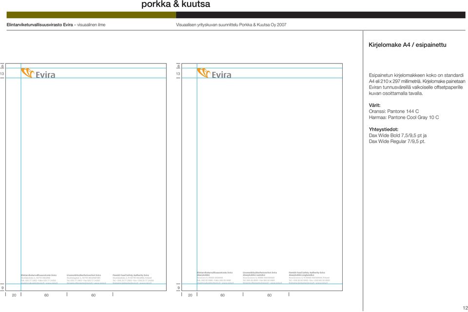 Värit: Oranssi: Pantone 144 C Harmaa: Pantone Cool Gray 10 C Yhteystiedot: Dax Wide Bold 7,5/9,5 pt ja Dax Wide Regular 7/9,5 pt.