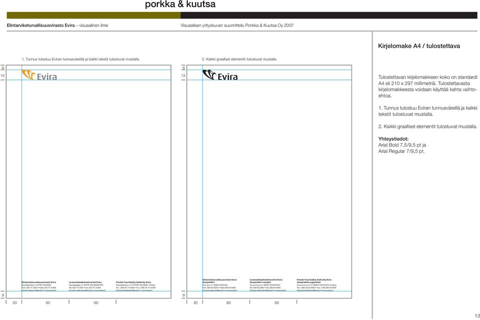 2. Kaikki graafiset elementit tulostuvat mustalla. Yhteystiedot: Arial Bold 7,5/9,5 pt ja Arial Regular 7/9,5 pt.