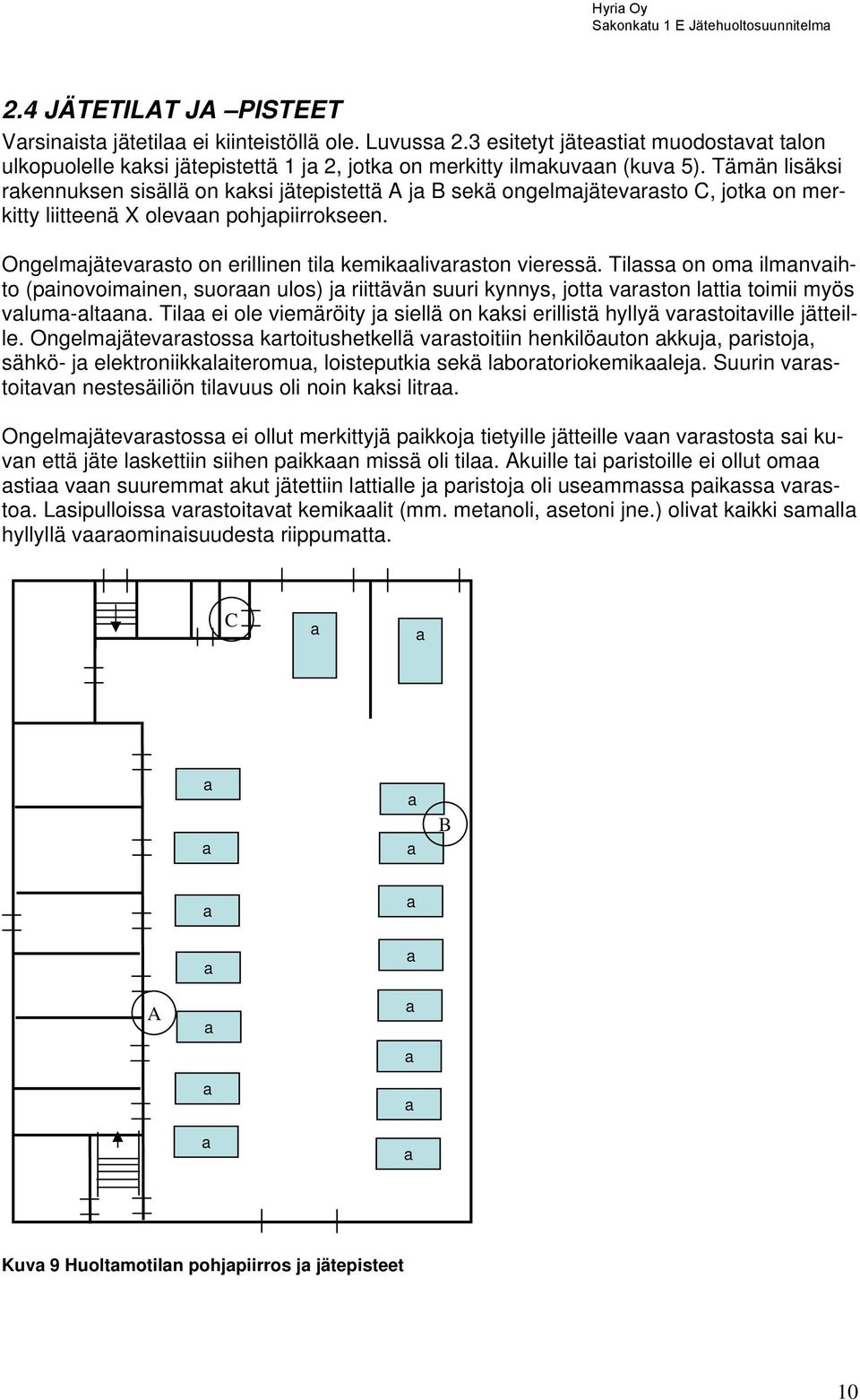 Tämän lisäksi rakennuksen sisällä on kaksi jätepistettä A ja B sekä ongelmajätevarasto C, jotka on merkitty liitteenä X olevaan pohjapiirrokseen.