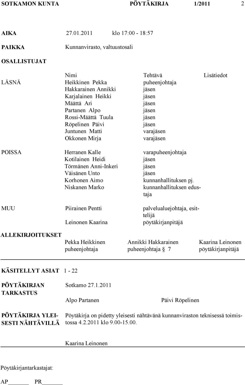 2011 klo 17:00-18:57 PAIKKA Kunnanvirasto, valtuustosali OSALLISTUJAT Nimi Tehtävä Lisätiedot LÄSNÄ Heikkinen Pekka puheenjohtaja Hakkarainen Annikki jäsen Karjalainen Heikki jäsen Määttä Ari jäsen